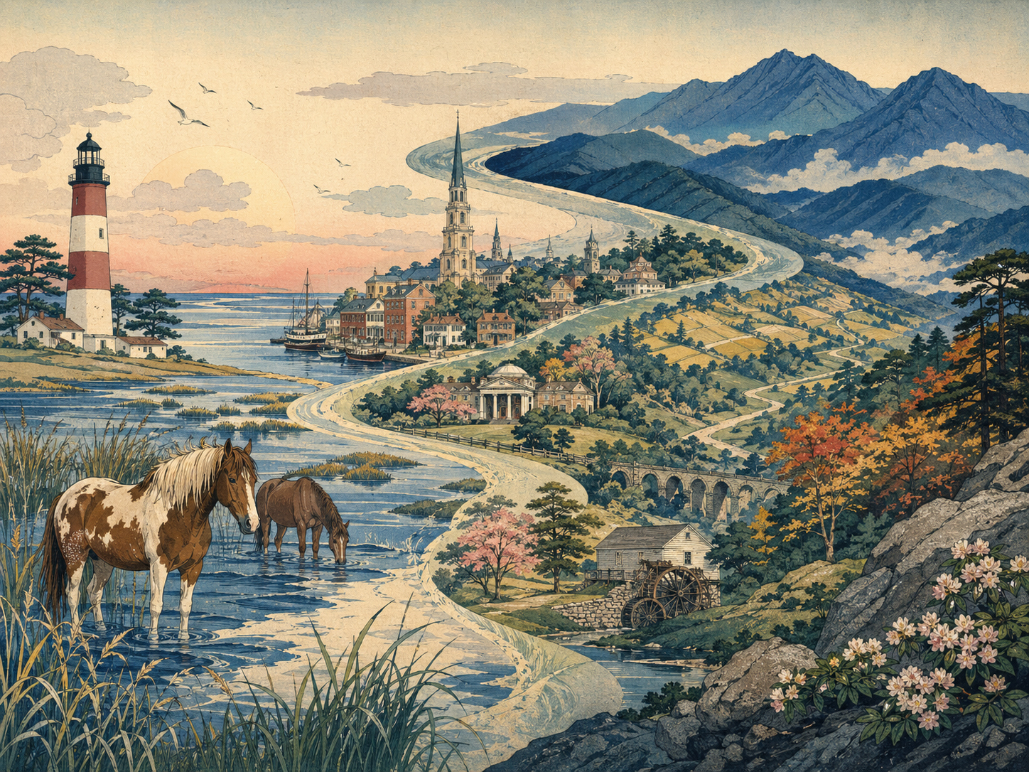 チンコティーグの湿地、ポニー、アサティーグ灯台を描いた日本木版画風画像