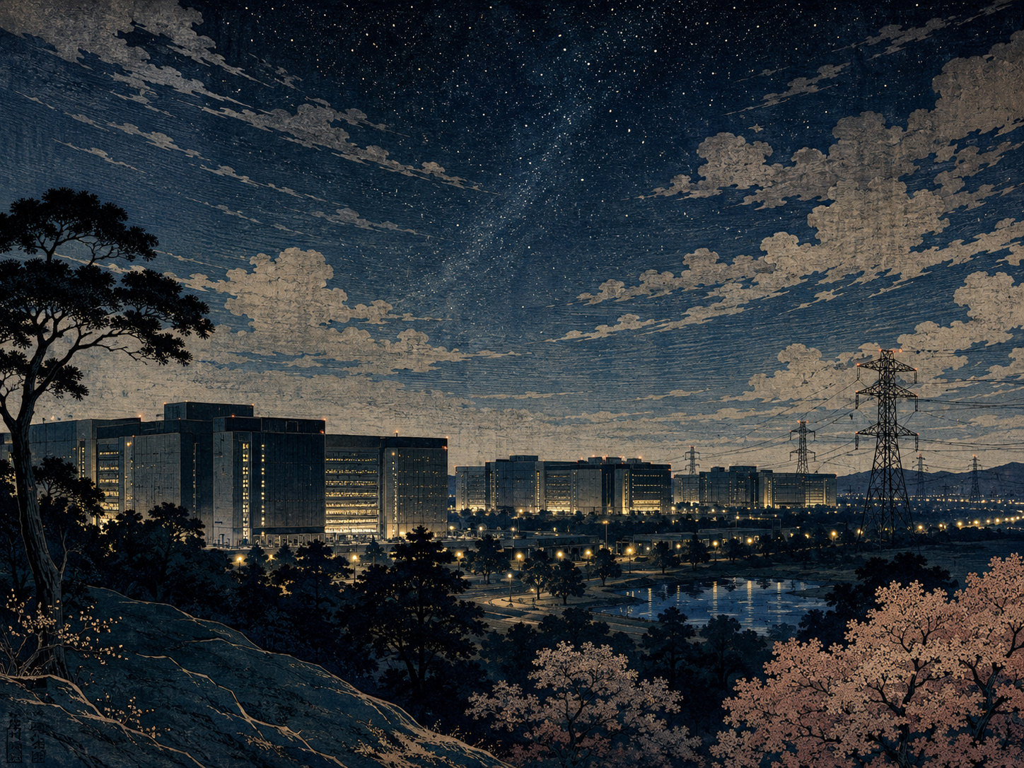 夜空の下で光るアッシュバーンのクラウドインフラを象徴的に描いた日本木版画風画像
