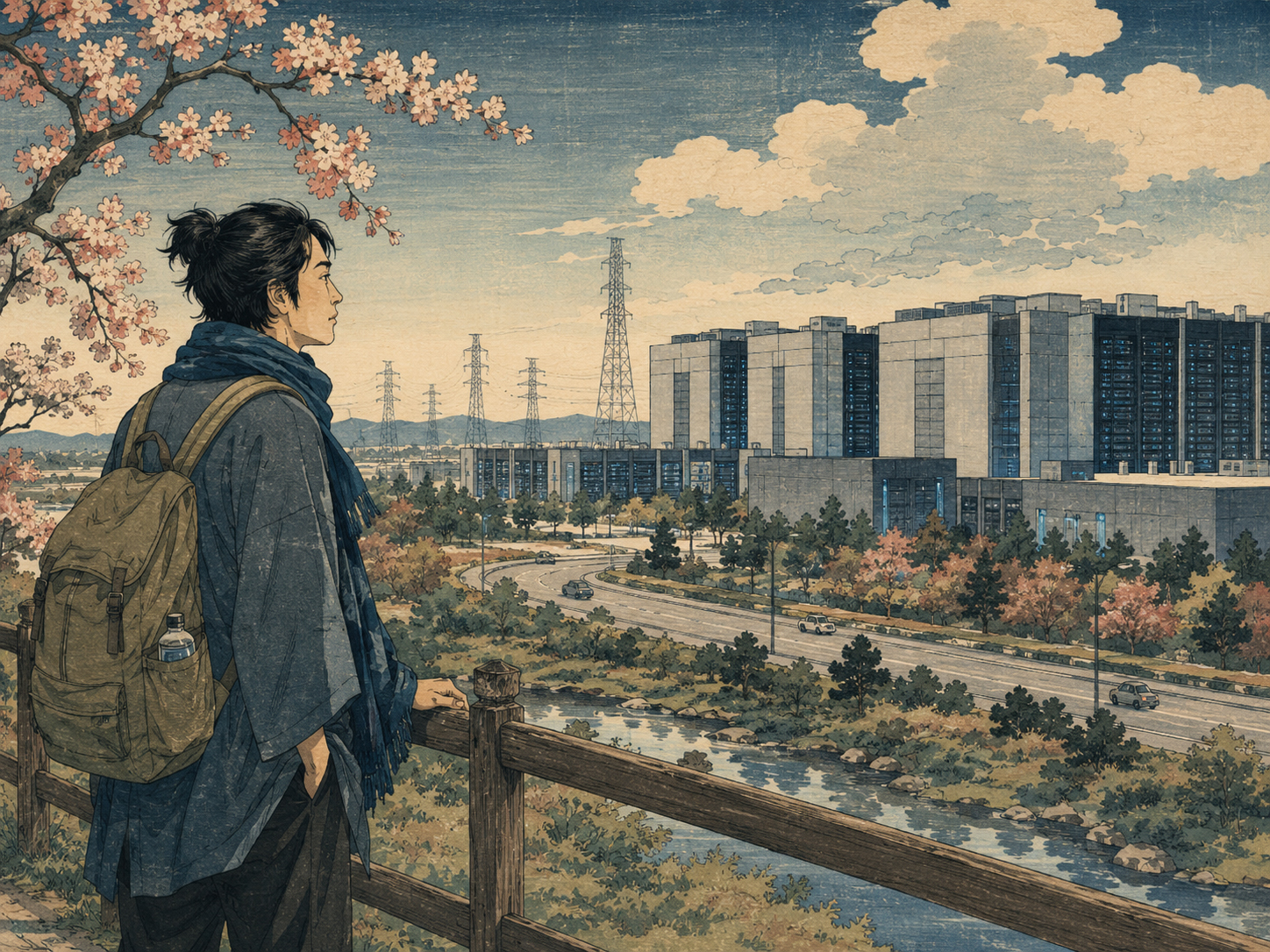 日本人旅行者がアッシュバーンのデータセンター群を眺める日本木版画風画像