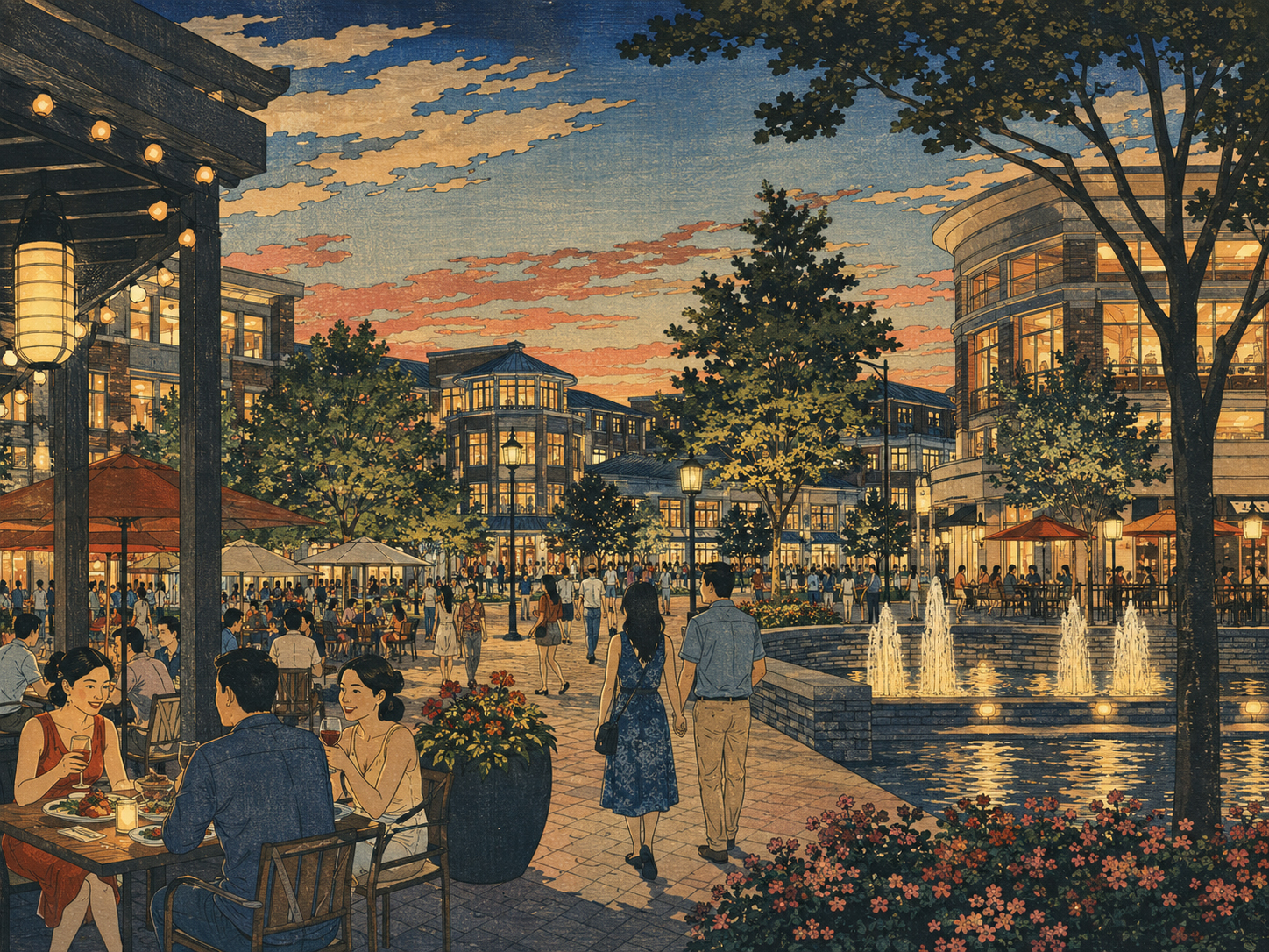 夕方のOne Loudounで食事や買い物を楽しむ人々を描いた日本木版画風画像