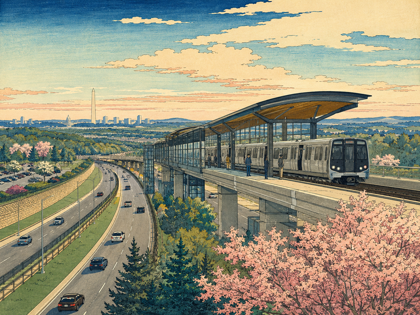 アッシュバーン駅とダレス・グリーンウェイを描いた日本木版画風画像