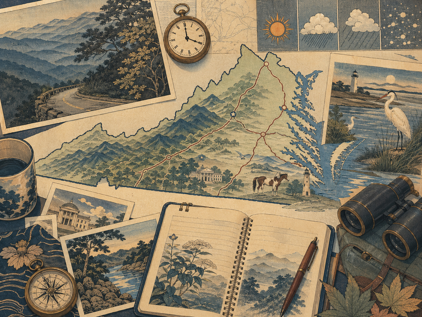 旅行地図、道路標識、注意書きを描いた日本木版画風画像