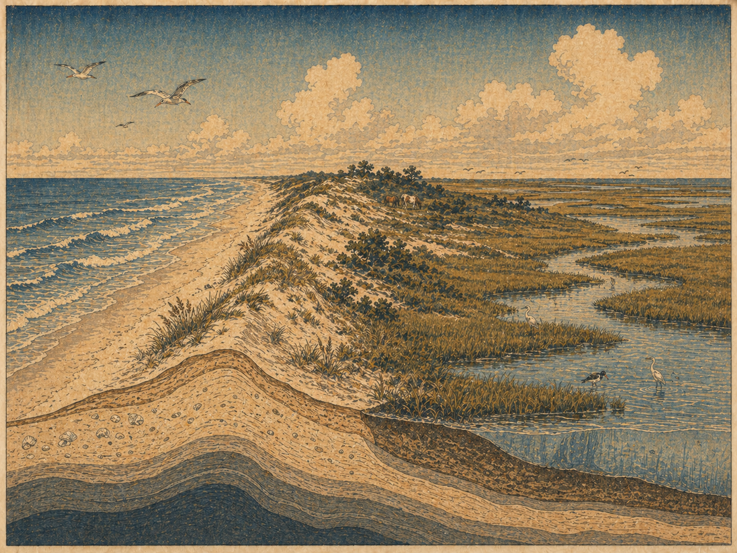 アサティーグのバリア島、砂丘、海、湿地、潮の断面を描いた日本木版画風画像