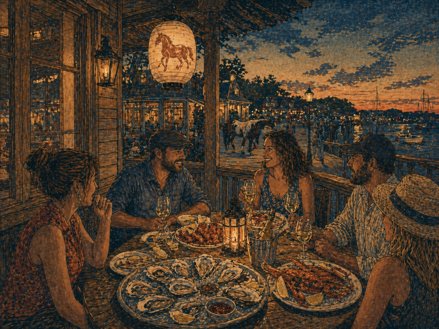 チンコティーグへ戻り牡蠣の夕食を楽しむ夜を描いた日本木版画風の絵