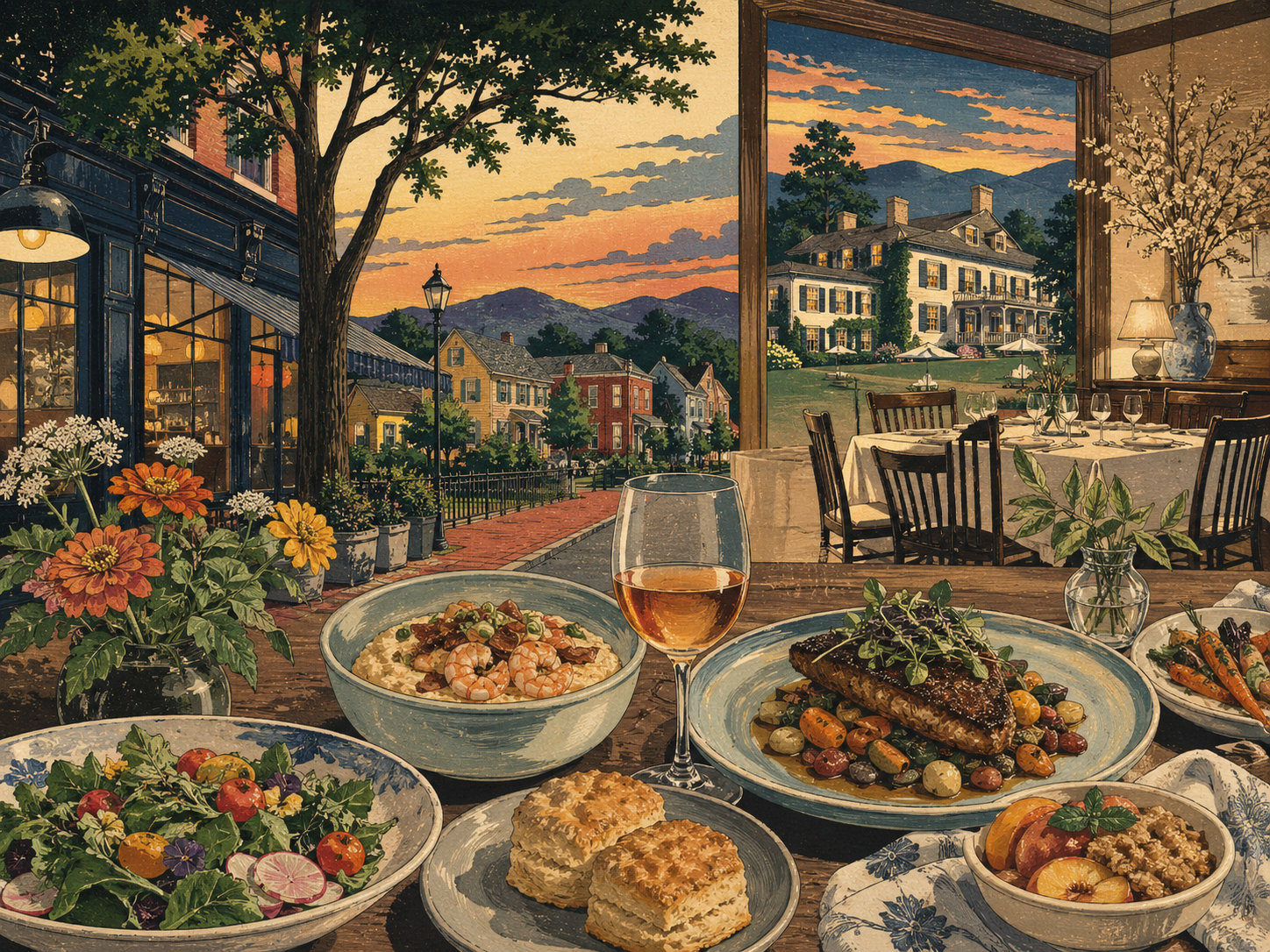 シャーロッツビルの食文化、The Local、Belmont、Marigold、Keswickを描いた日本木版画風画像