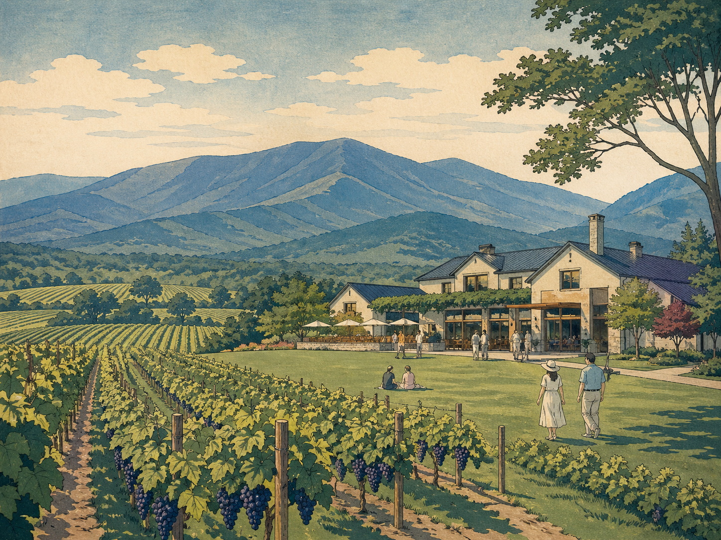 King Family Vineyards、Crozet、Blue Ridge の芝生を描いた日本木版画風画像