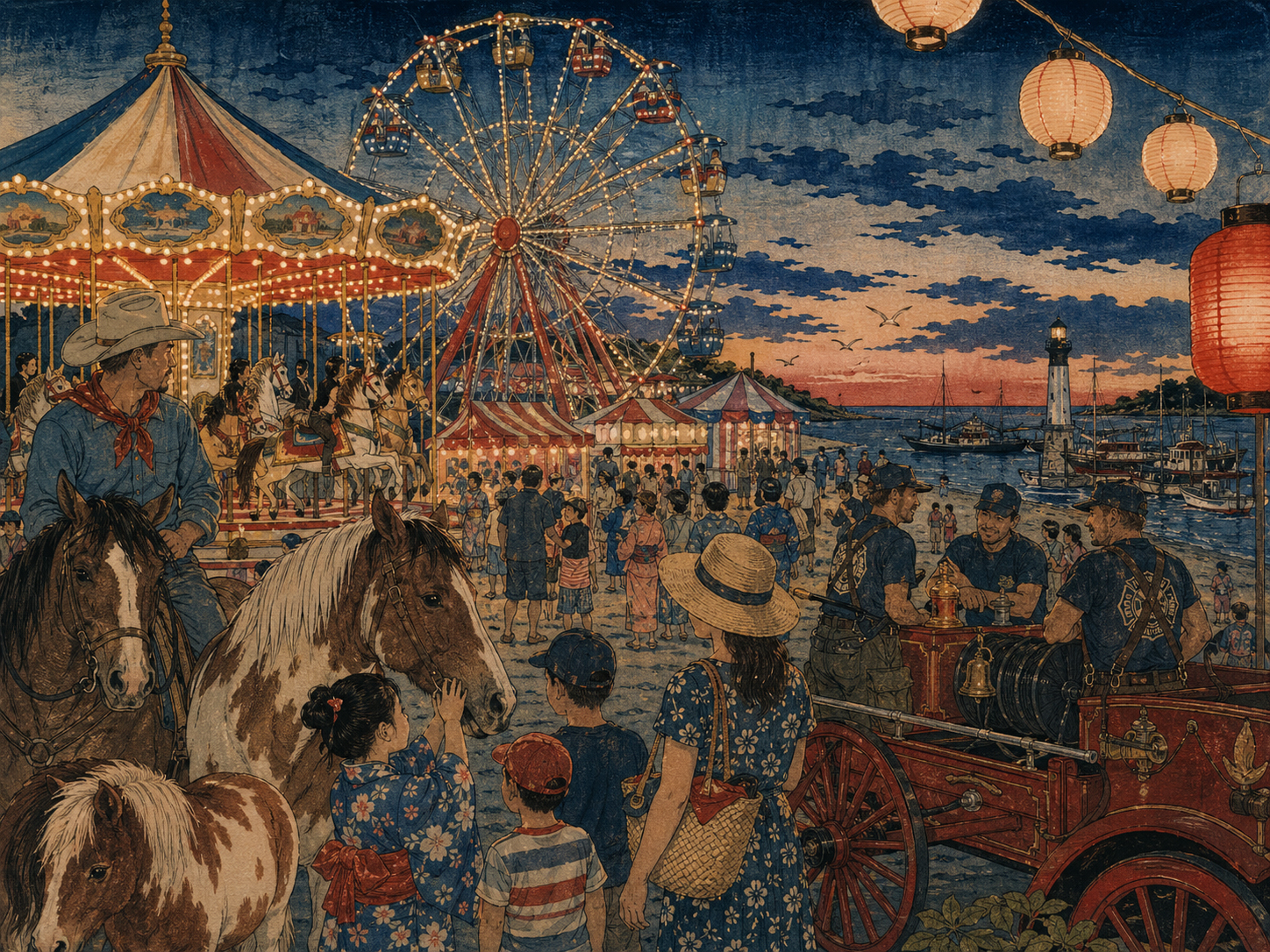 チンコティーグ消防団、Saltwater Cowboys、ポニー、カーニバルを描いた日本木版画風画像
