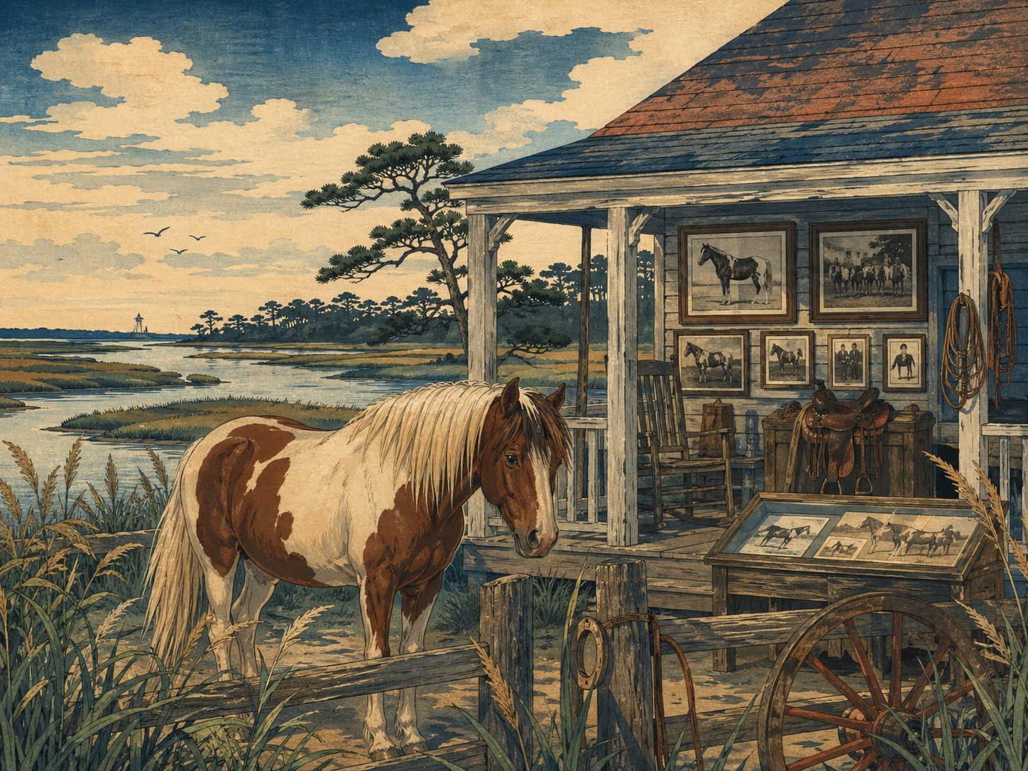 チンコティーグ博物館、ミスティ、ビービー牧場の物語を描いた日本木版画風画像