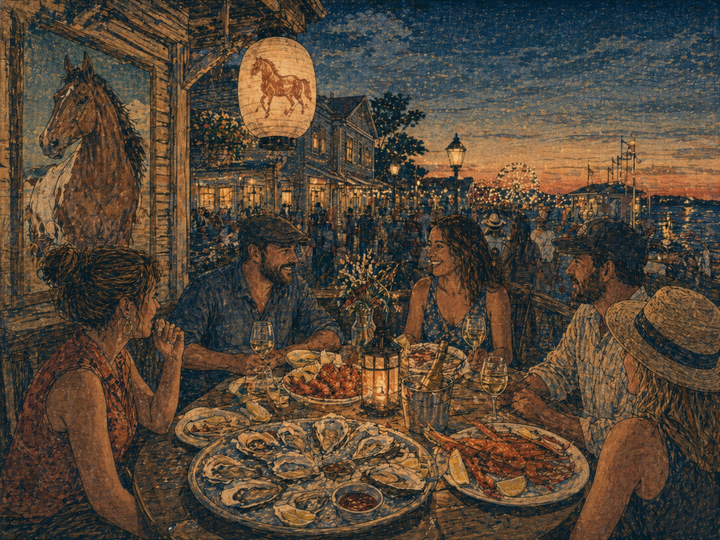 ポニー・スイムの後に牡蠣を食べるチンコティーグの夕食を描いた日本木版画風画像