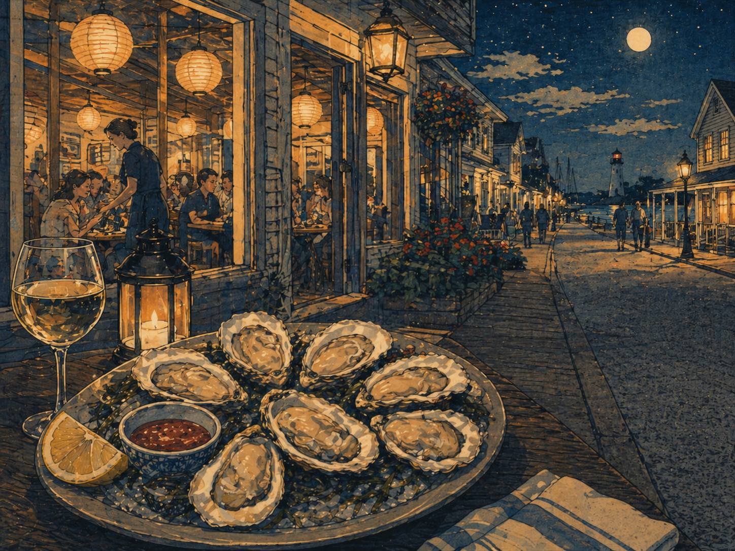 チンコティーグのビルズ・プライムで牡蠣の夕食を楽しむ場面を描いた日本木版画風の絵