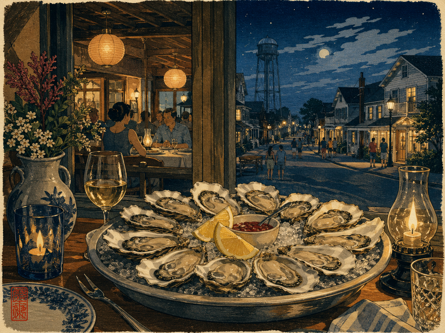 チンコティーグのメインストリートで牡蠣と海鮮の夕食を楽しむ場面を描いた日本木版画風の絵