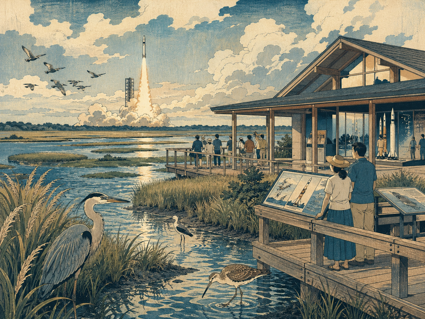 NASA Wallops Visitor Center、ロケット、湿地を描いた日本木版画風画像