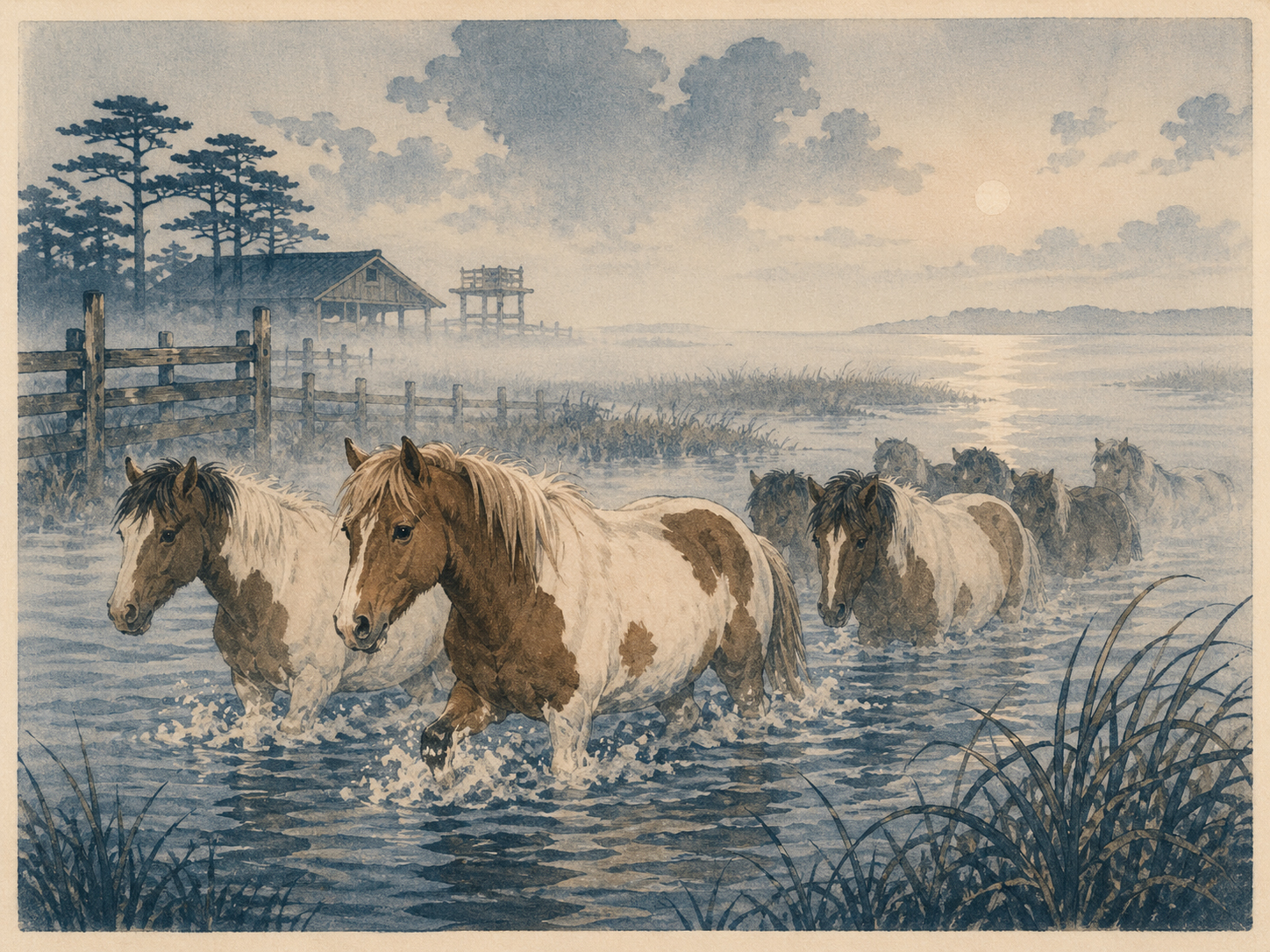 ミスティ、ビービー牧場、ポニー・スイムの記憶を描いた日本木版画風画像