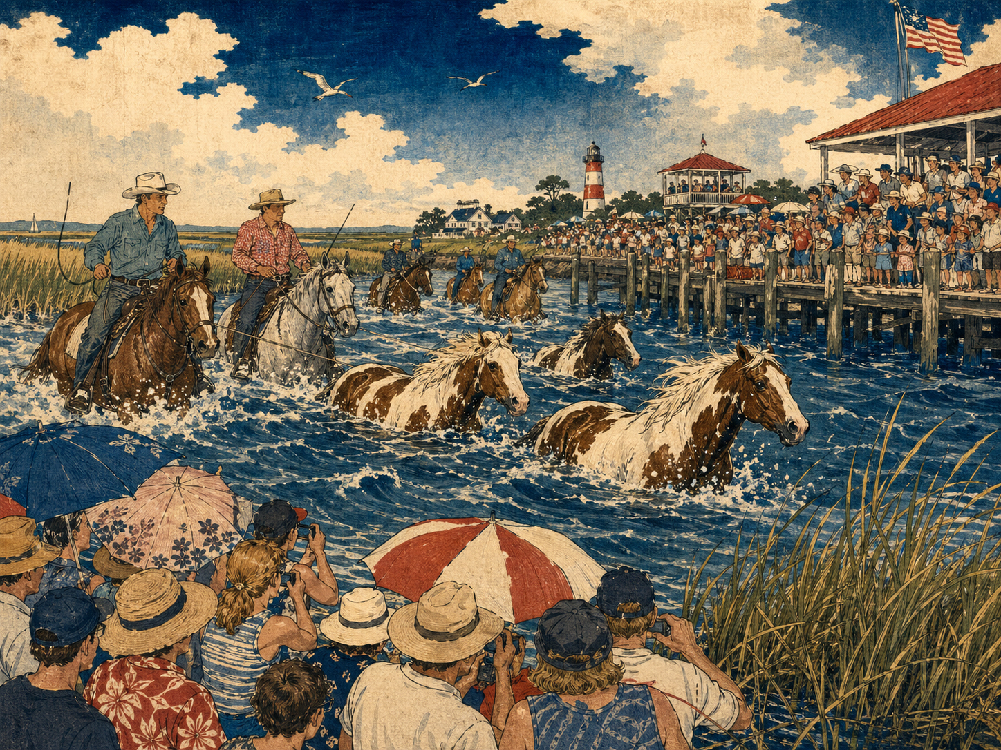 チンコティーグ・ポニー・スイム、Saltwater Cowboys、群衆を描いた日本木版画風画像