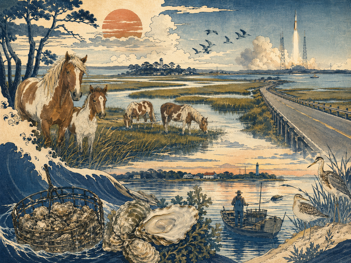 チンコティーグの湿地、ポニー、牡蠣、ウォロップス、道の旅を描いた日本木版画風の絵