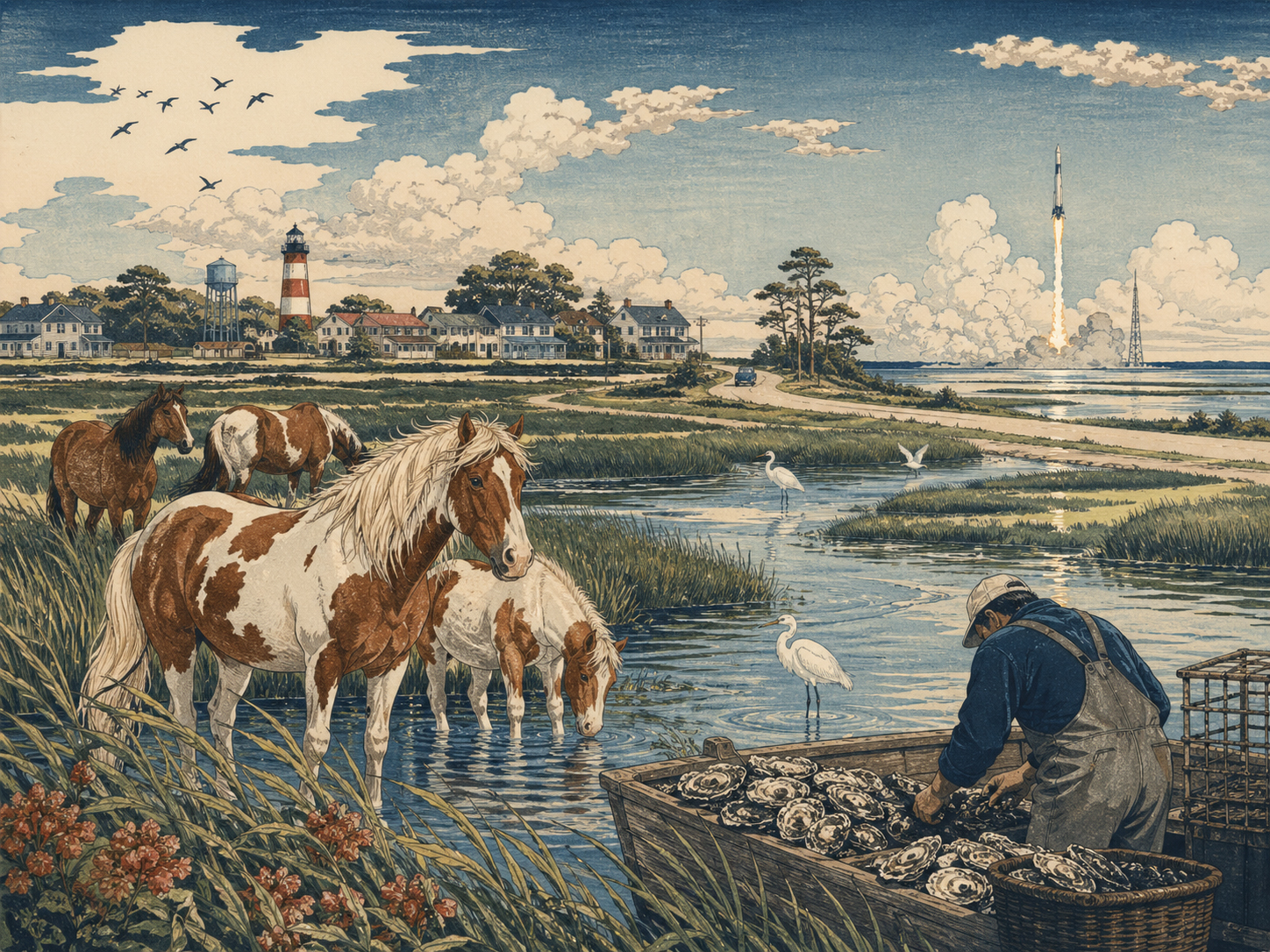 チンコティーグのポニー、牡蠣、湿地、ウォロップスを描いた日本木版画風画像