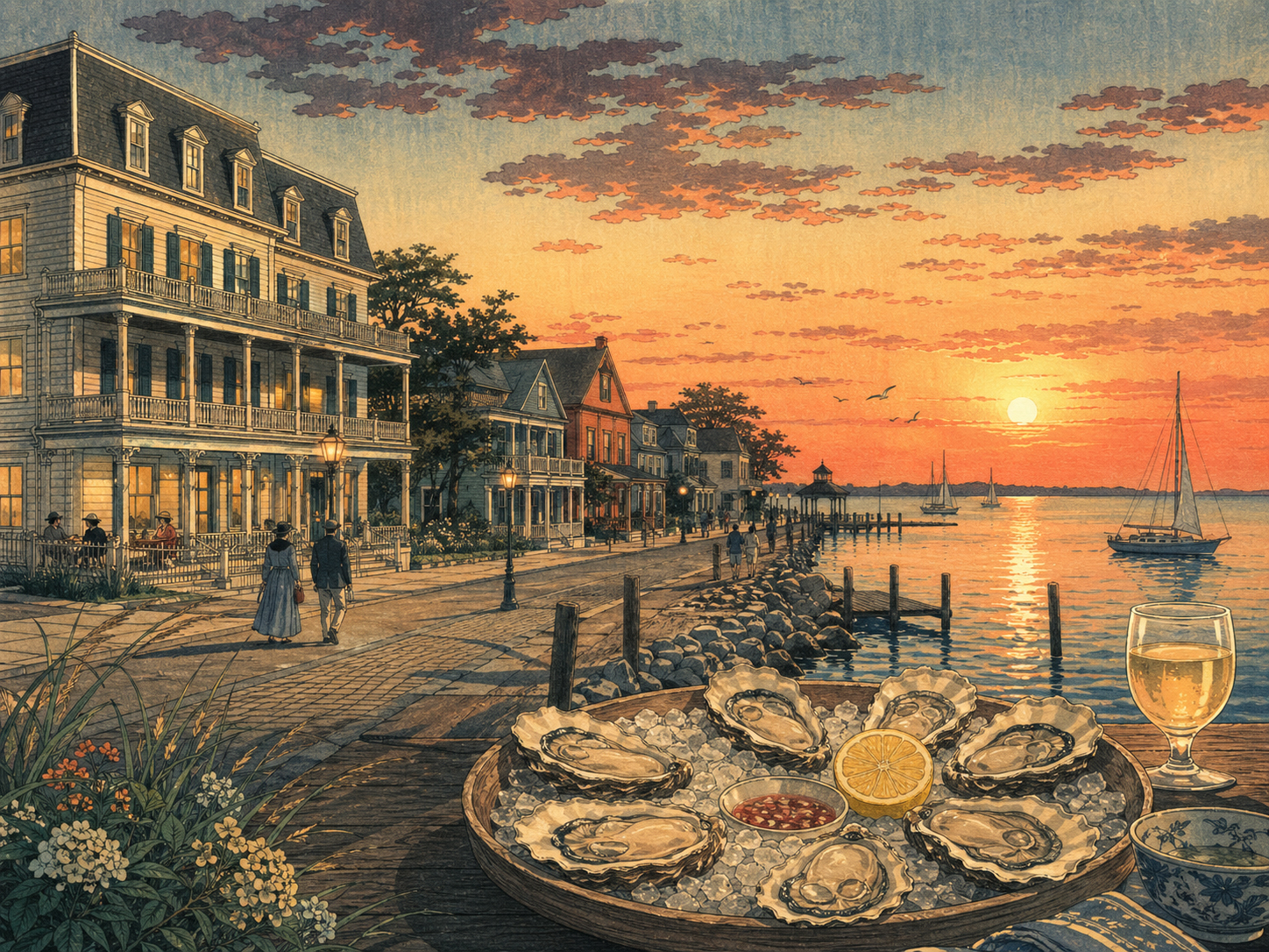 ケープチャールズの湾の夕方、宿、牡蠣を描いた日本木版画風画像