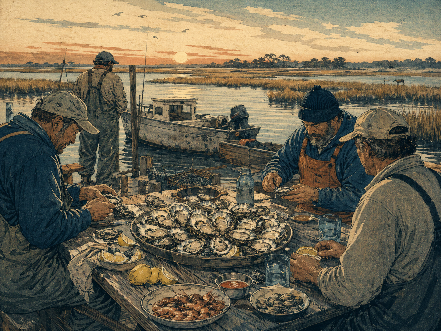 チンコティーグの牡蠣、水夫、塩の食卓を描いた日本木版画風画像