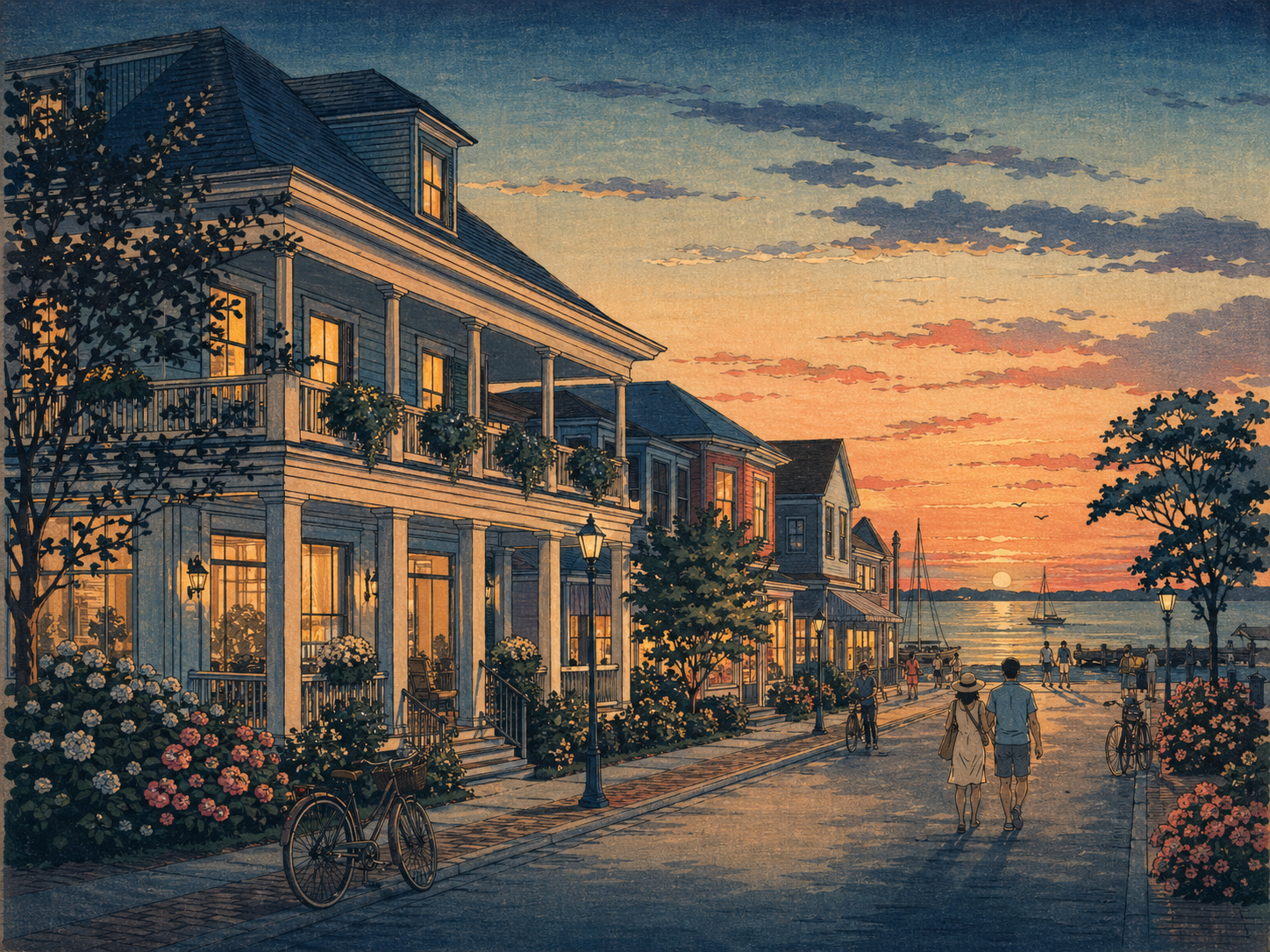水辺のホテルと湾の夕焼けを描いた日本木版画風画像