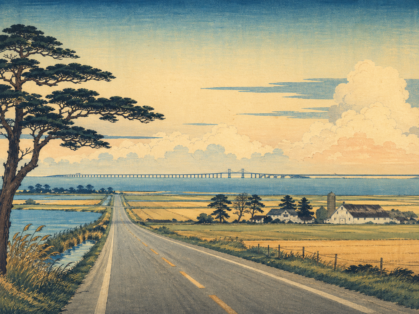 東海岸のルート十三号、農地、湾橋トンネルを描いた日本木版画風の絵