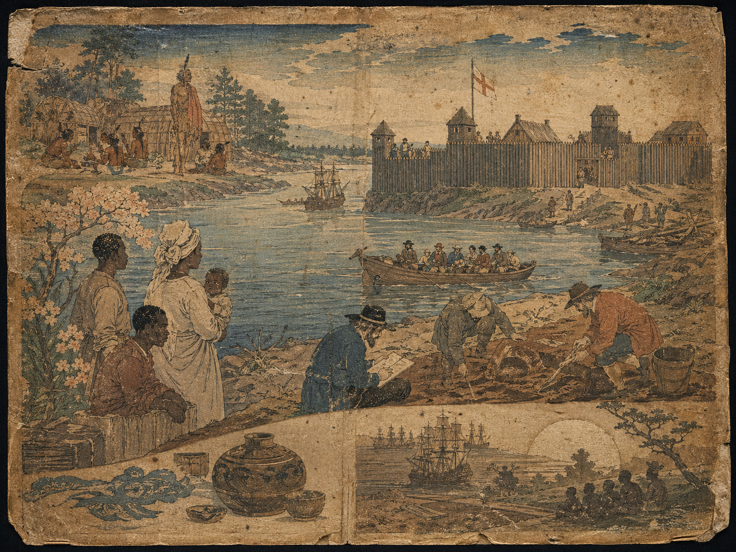 ジェームズタウンの川、砦、考古学、ポウハタン、初期アフリカ人の記憶を描いた日本木版画風画像