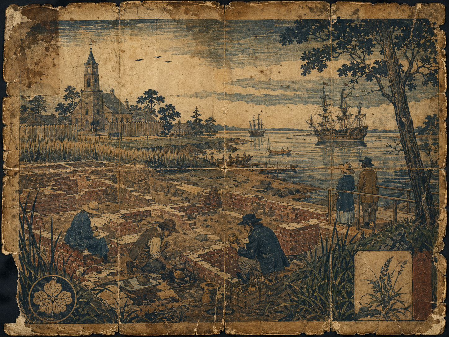 ヒストリック・ジェームズタウンの川と考古学を描いた日本木版画風画像
