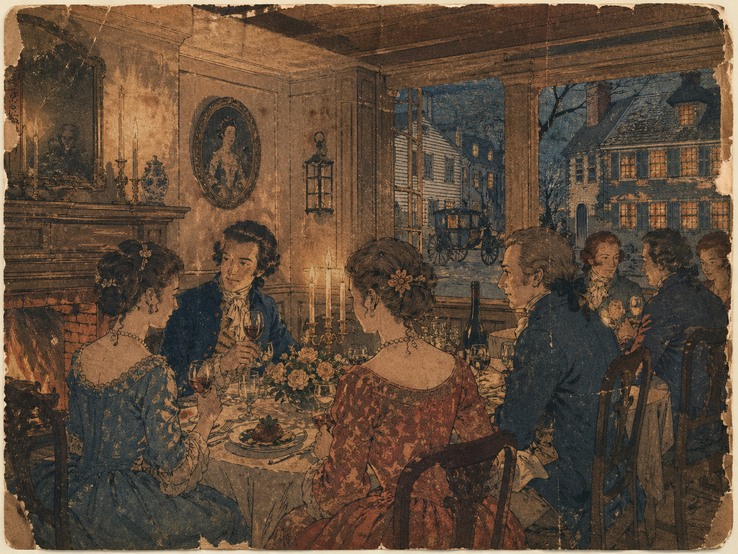 ウィリアムズバーグの夕食、酒場、宿を描いた日本木版画風画像