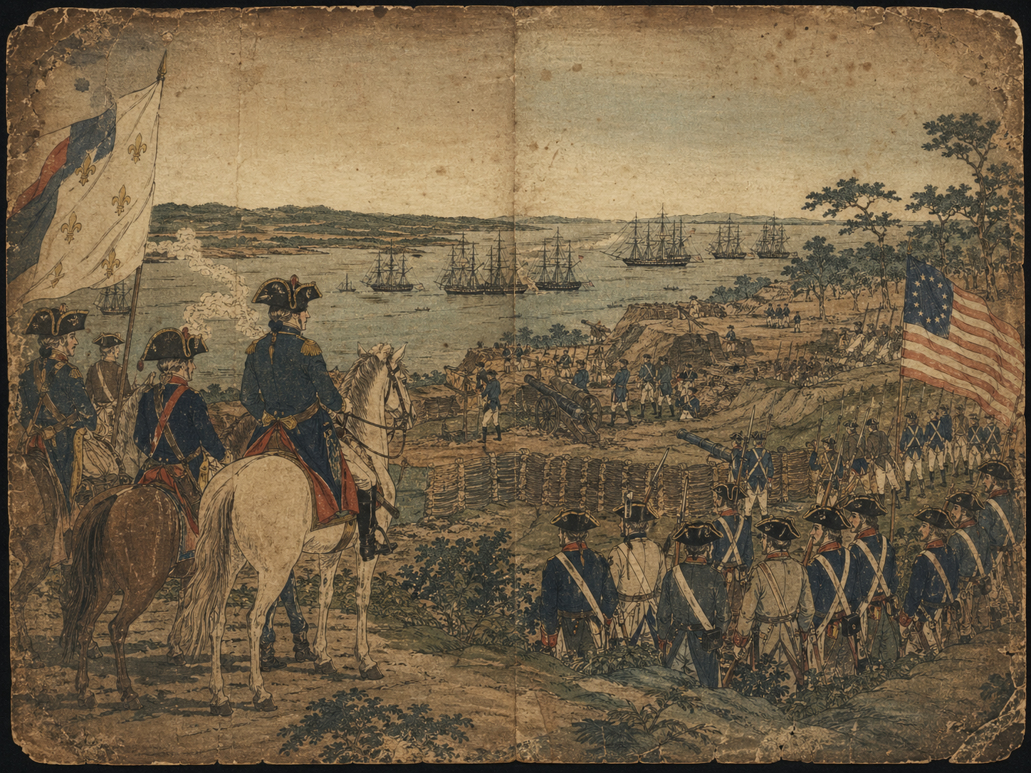 ヨークタウン戦場、堡塁、ヨーク川、フランス同盟を描いた日本木版画風画像