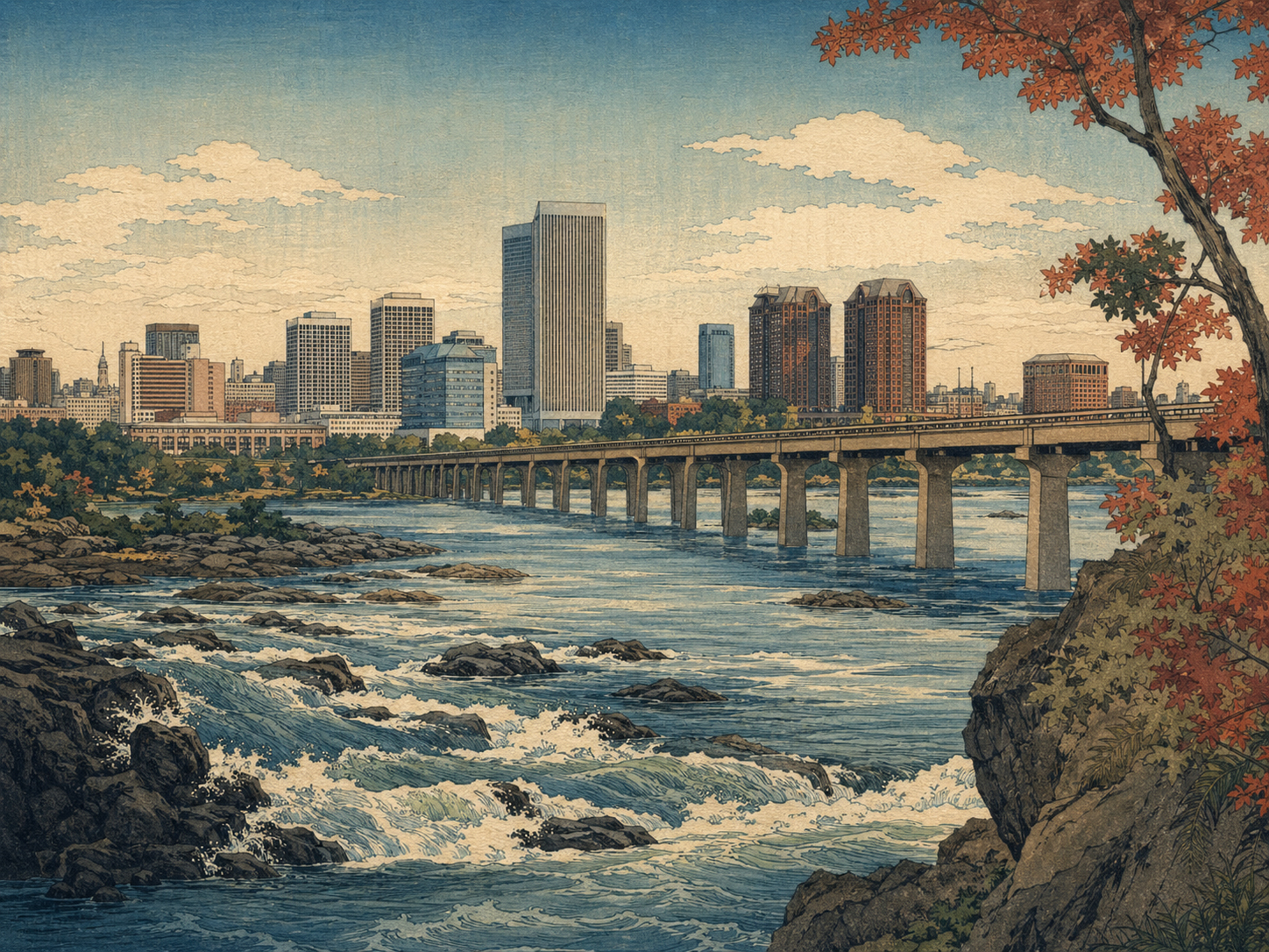 リッチモンドのジェームズ川、岩場、橋、都市の輪郭を描いた日本木版画風画像