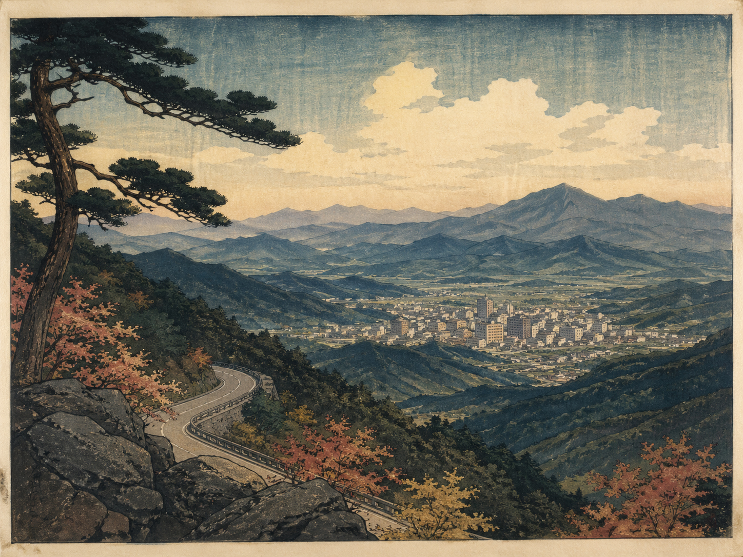 ロアノーク、ブルーリッジ・パークウェイ、山の都市を描いた日本木版画風画像