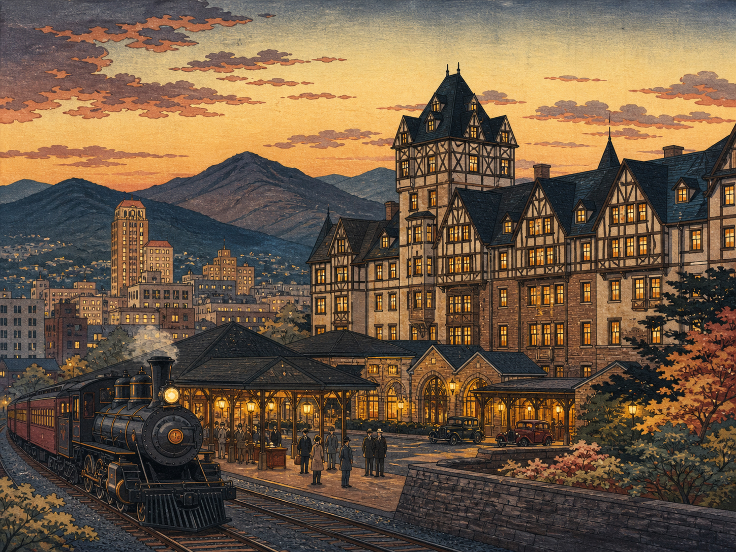 Hotel Roanoke、鉄道駅、山の都市を描いた日本木版画風画像