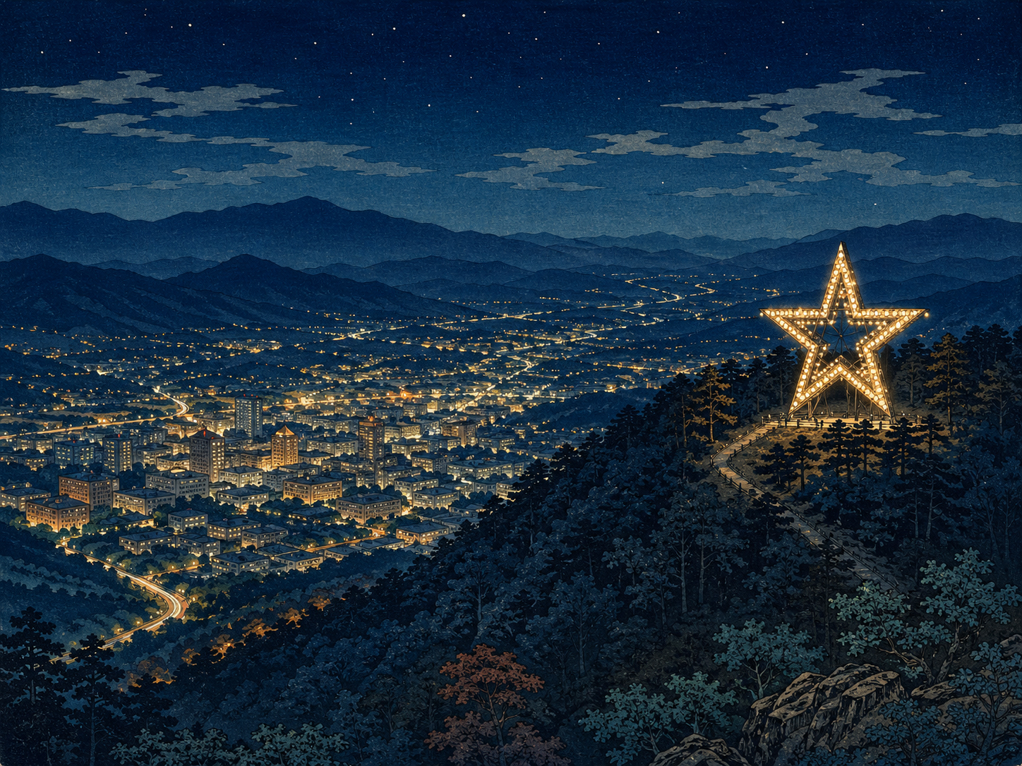 ロアノークのミル・マウンテン・スター、谷の都市、ブルーリッジの夜景を描いた日本木版画風画像