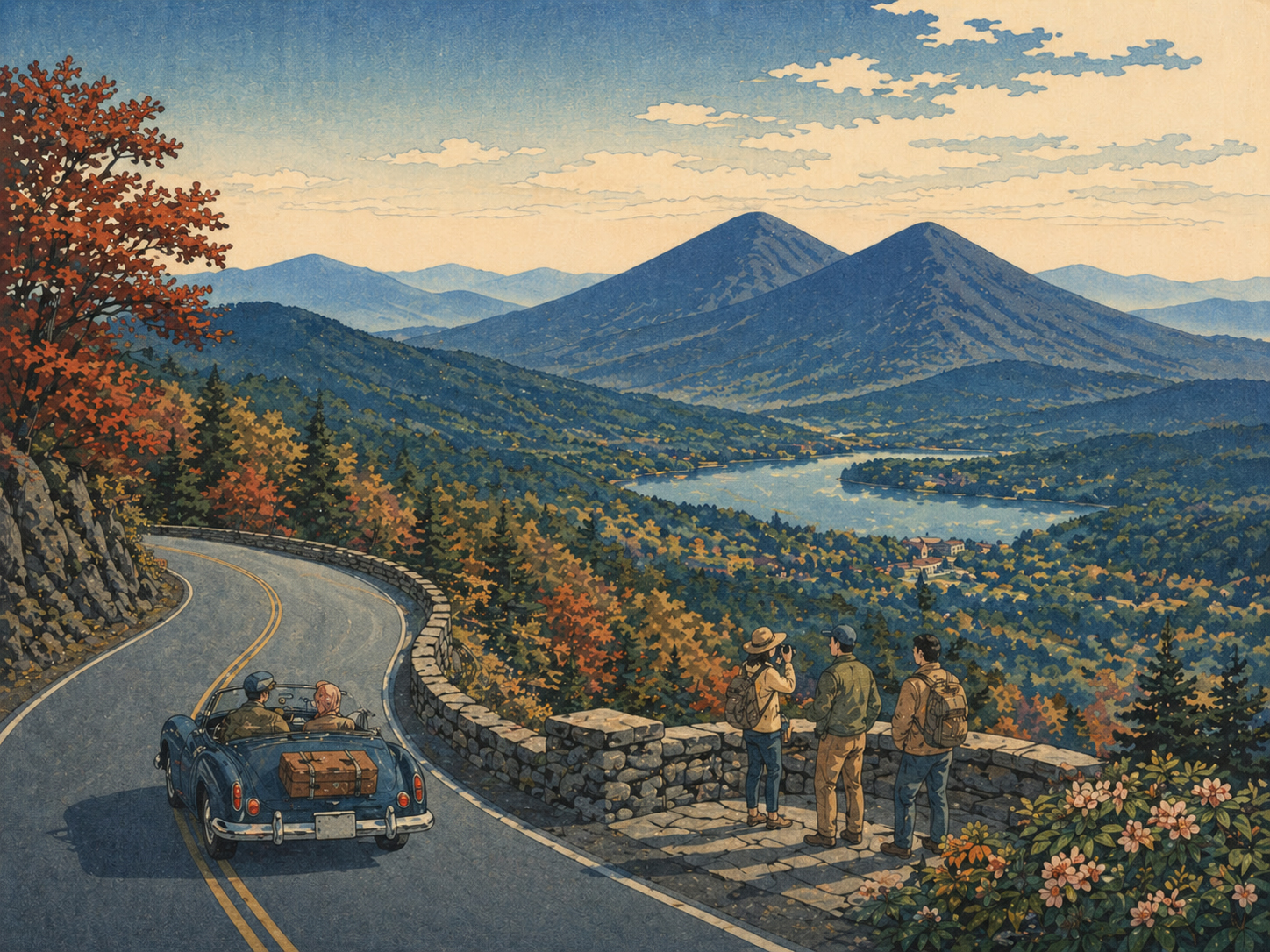 ブルーリッジ・パークウェイ、ピークス・オブ・オッターへの道の旅を描いた日本木版画風の絵