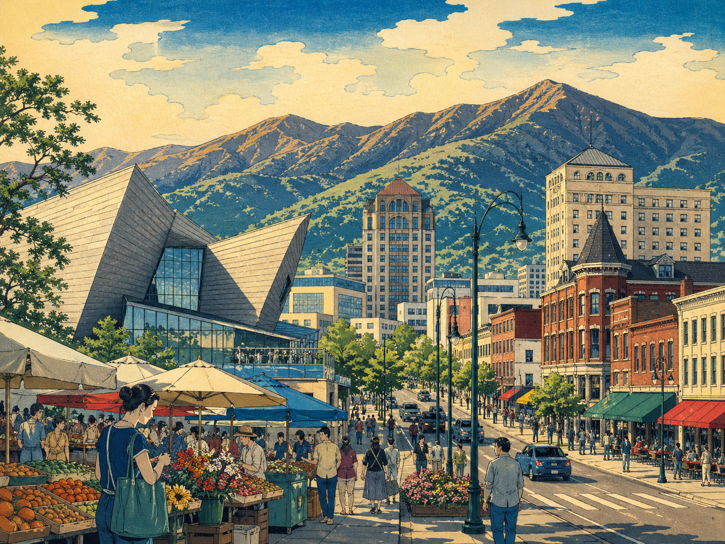 Taubman Museum、Downtown Market、山の都市文化を描いた日本木版画風画像