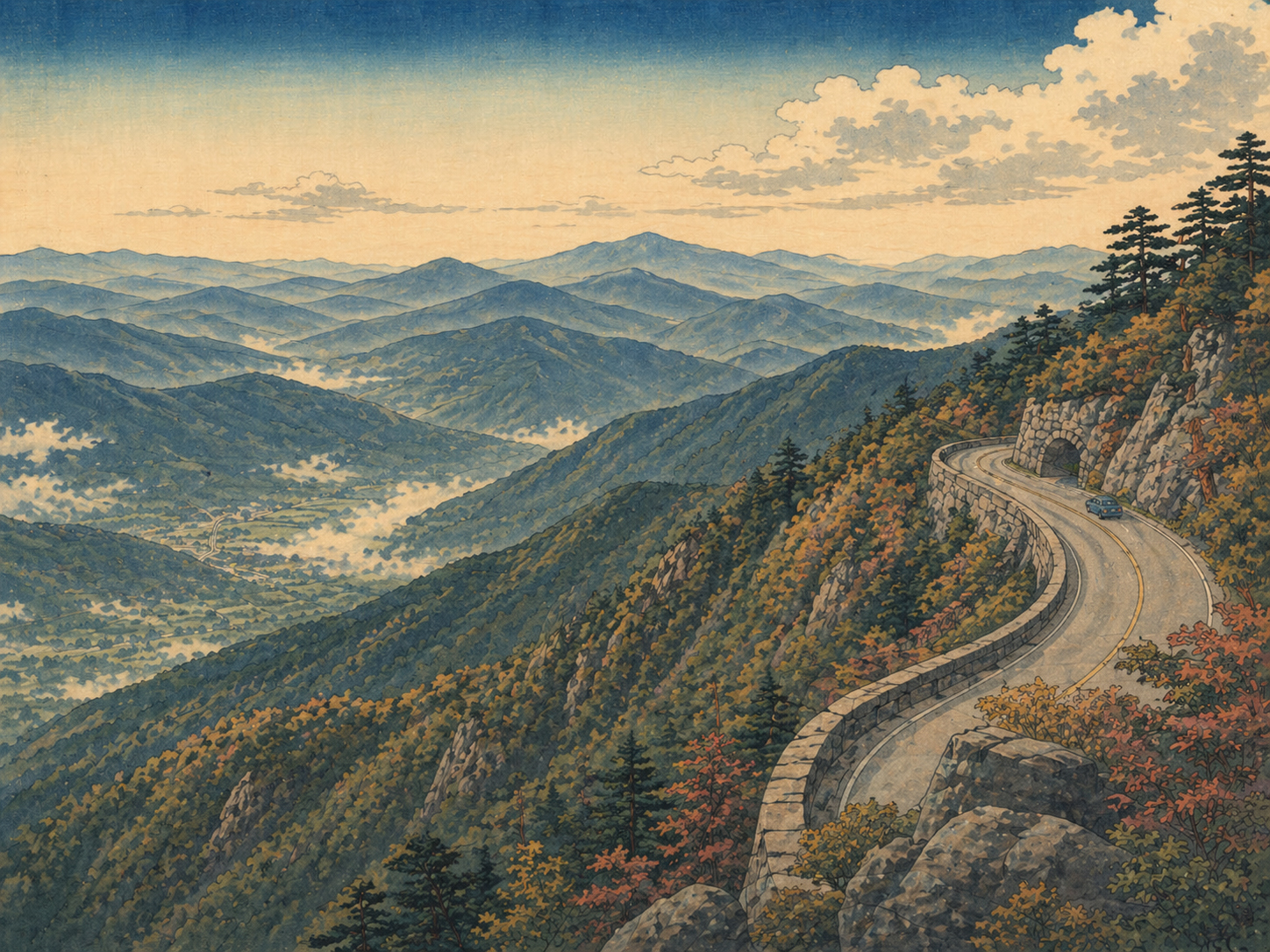 シェナンドーからブルーリッジ・パークウェイ、ロアノーク方面へ続く山の道を描いた日本木版画風の絵