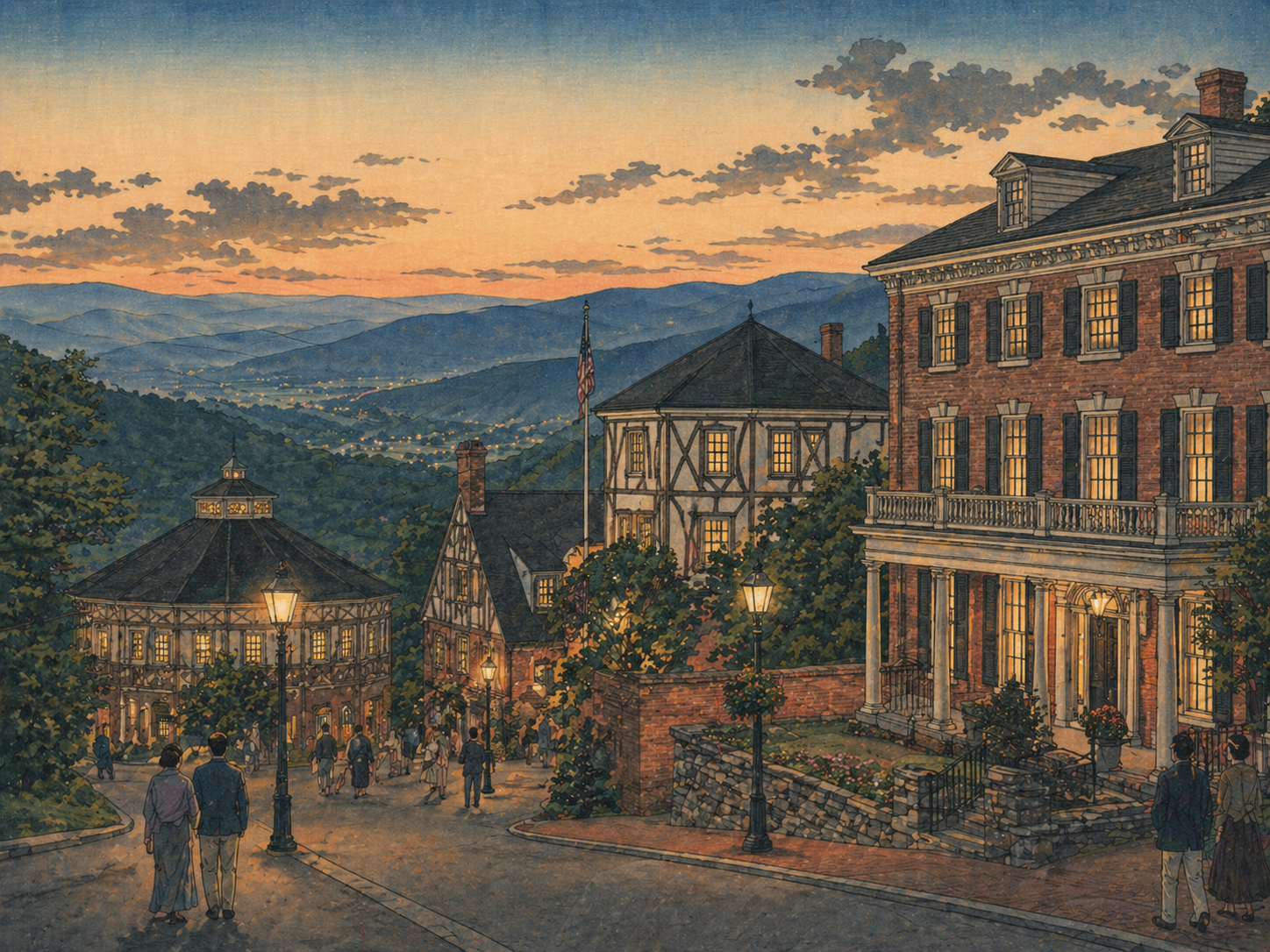 スタントンのBlackfriars Playhouse、Blackburn Inn、シェナンドー渓谷の夕方を描いた日本木版画風画像