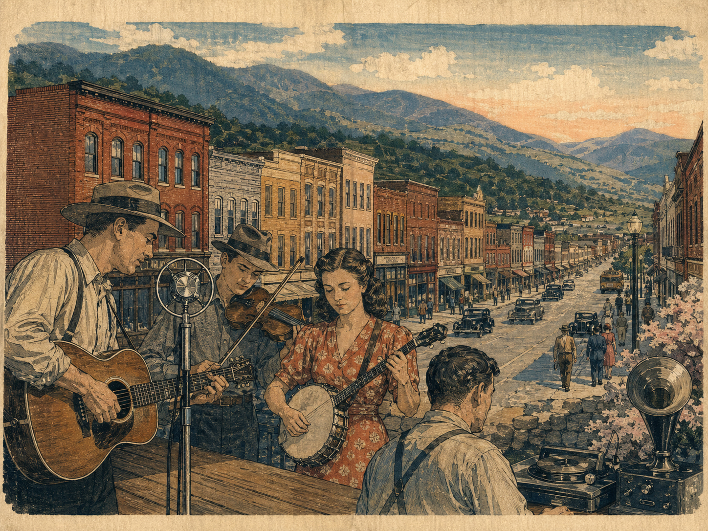 Bristol、Birthplace of Country Music、State Street、録音史を描いた日本木版画風画像