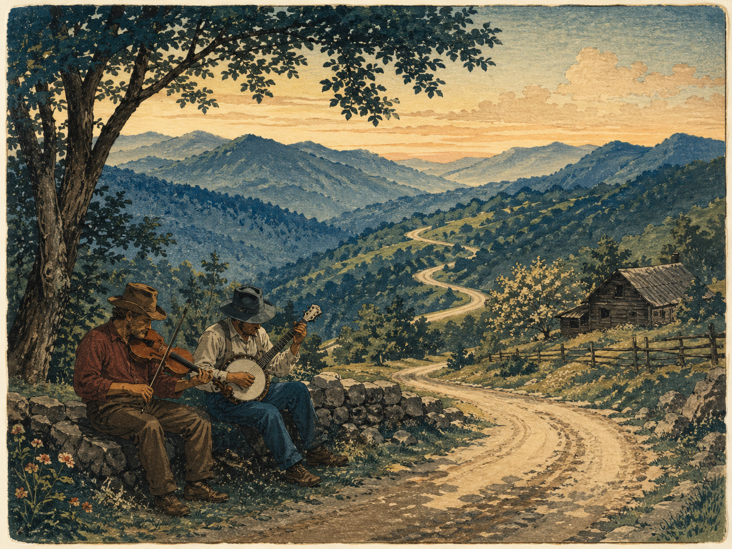 The Crooked Road、山道、フィドル、バンジョー、音楽の道を描いた日本木版画風画像