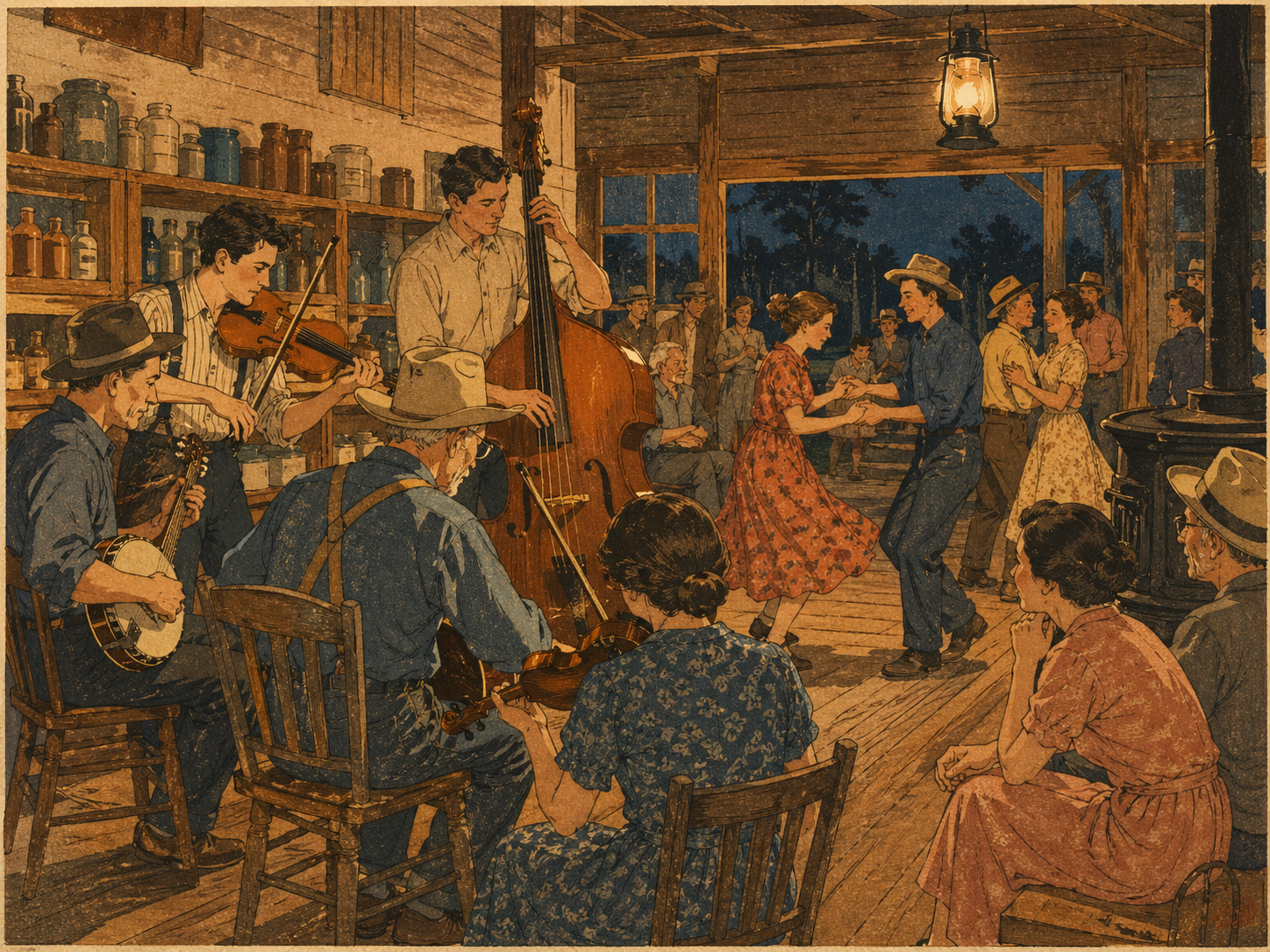 Floyd Country Store、Friday Night Jamboree、踊りと音楽を描いた日本木版画風画像