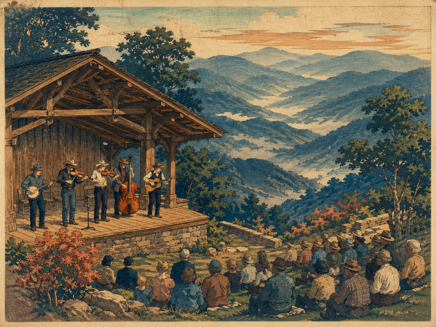 Galax、Blue Ridge Music Center、フィドル奏者、山のステージを描いた日本木版画風画像