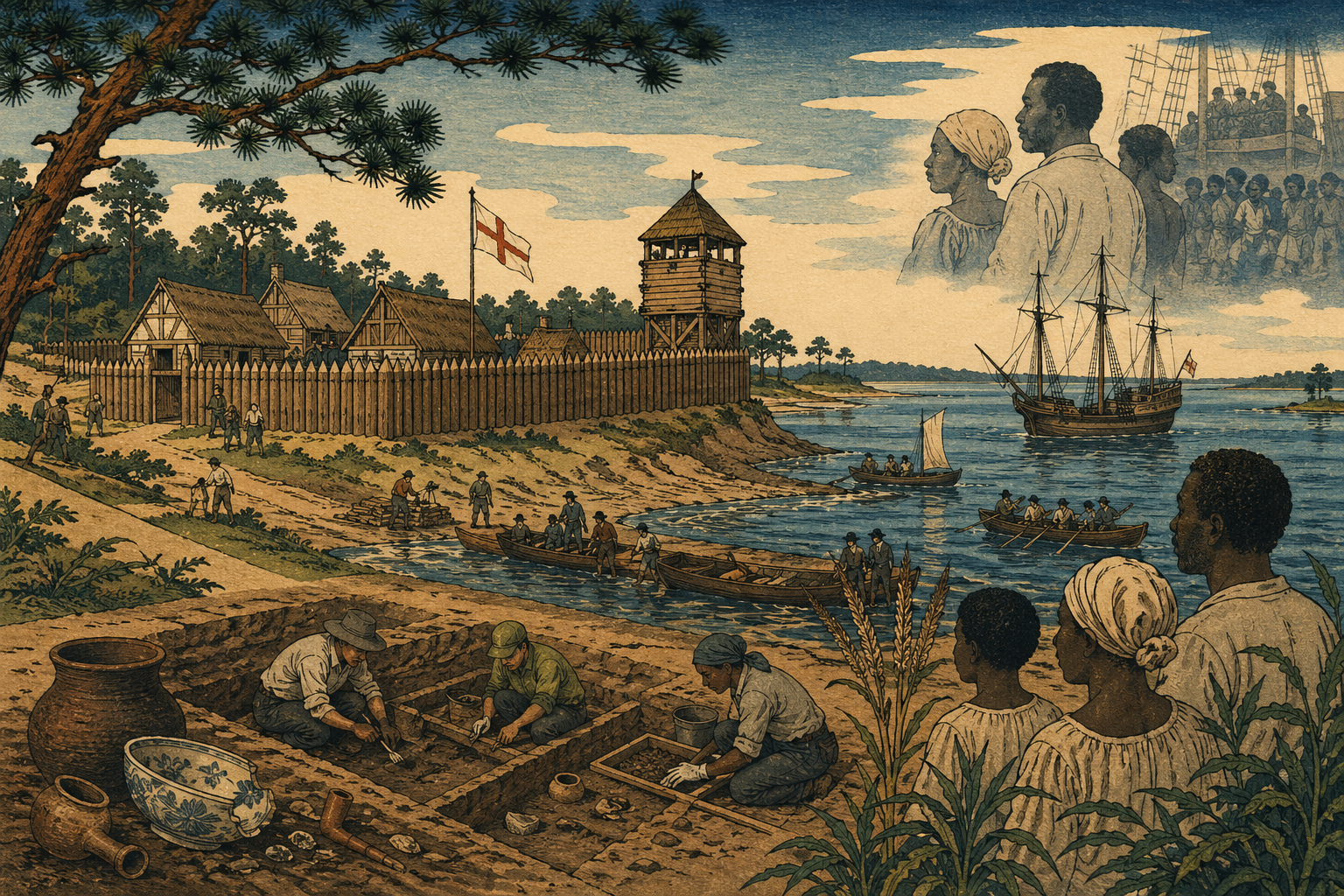 ジェームズタウン、川、砦、考古学、最初のアフリカ人の歴史を描いた日本木版画風の絵