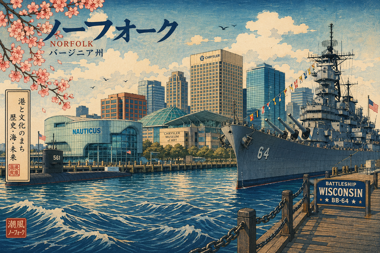 ノーフォーク、ノーティカス、戦艦ウィスコンシン、クライスラー美術館、ウォーターフロントを描いた日本木版画風の絵
