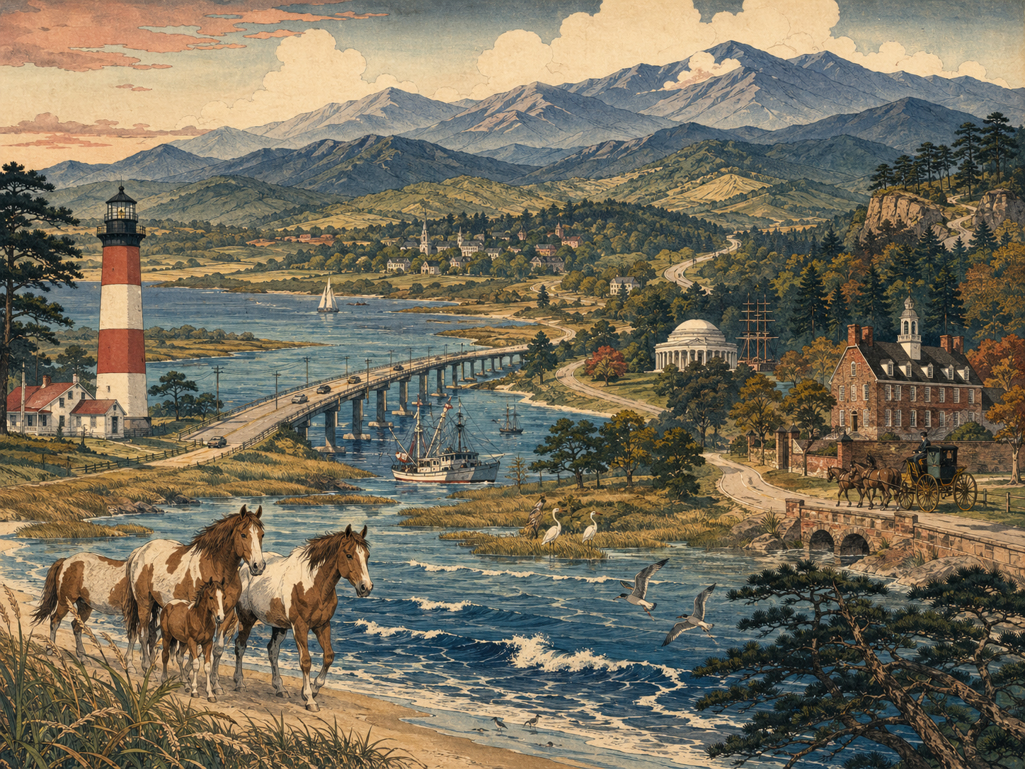 チンコティーグからブルーリッジへ向かう海、湾、歴史、山のロードトリップを描いた日本木版画風の絵