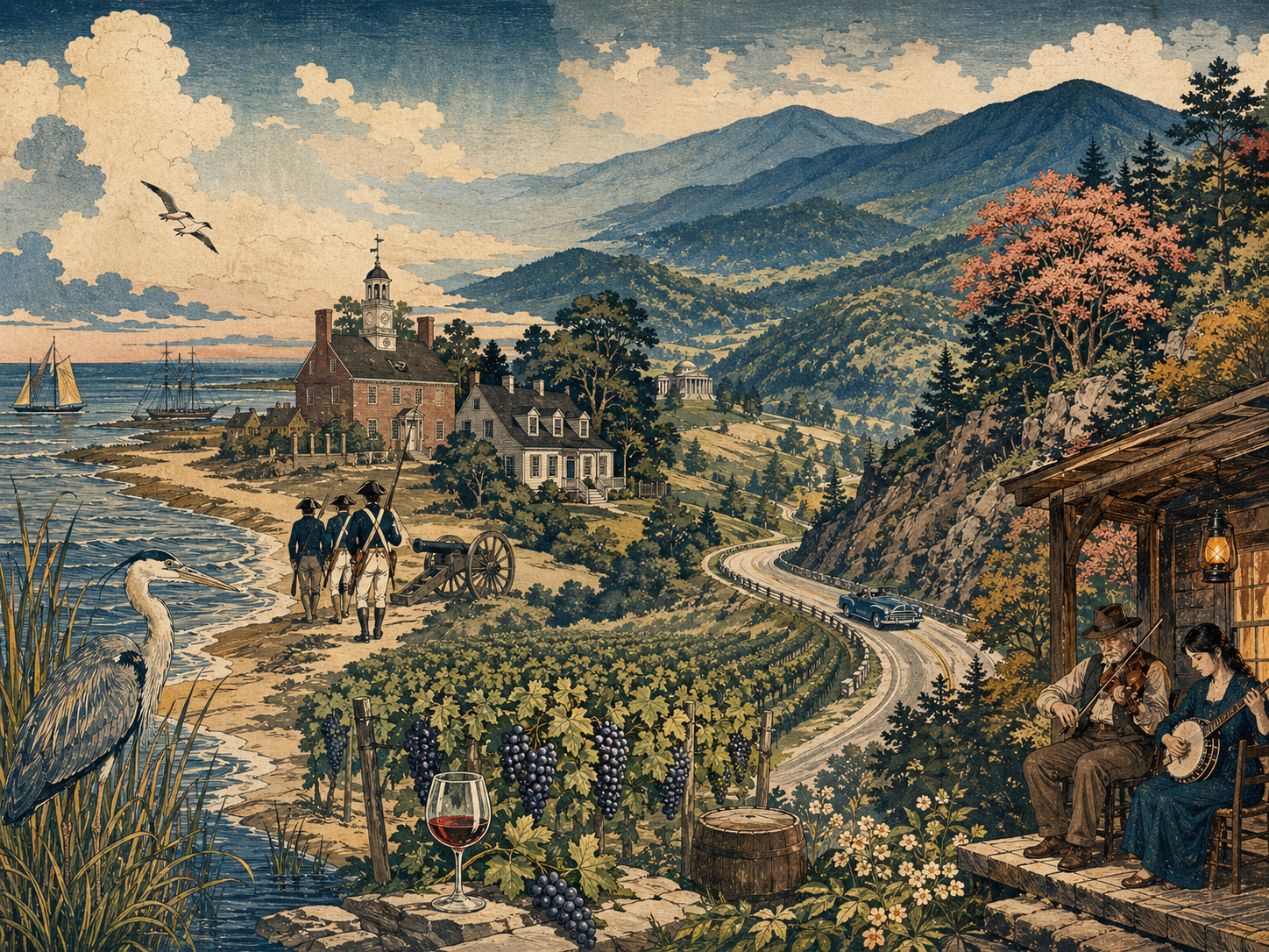 海、歴史、ワイン、ブルーリッジ、アパラチアを横断するバージニアの道の旅を描いた日本木版画風の絵