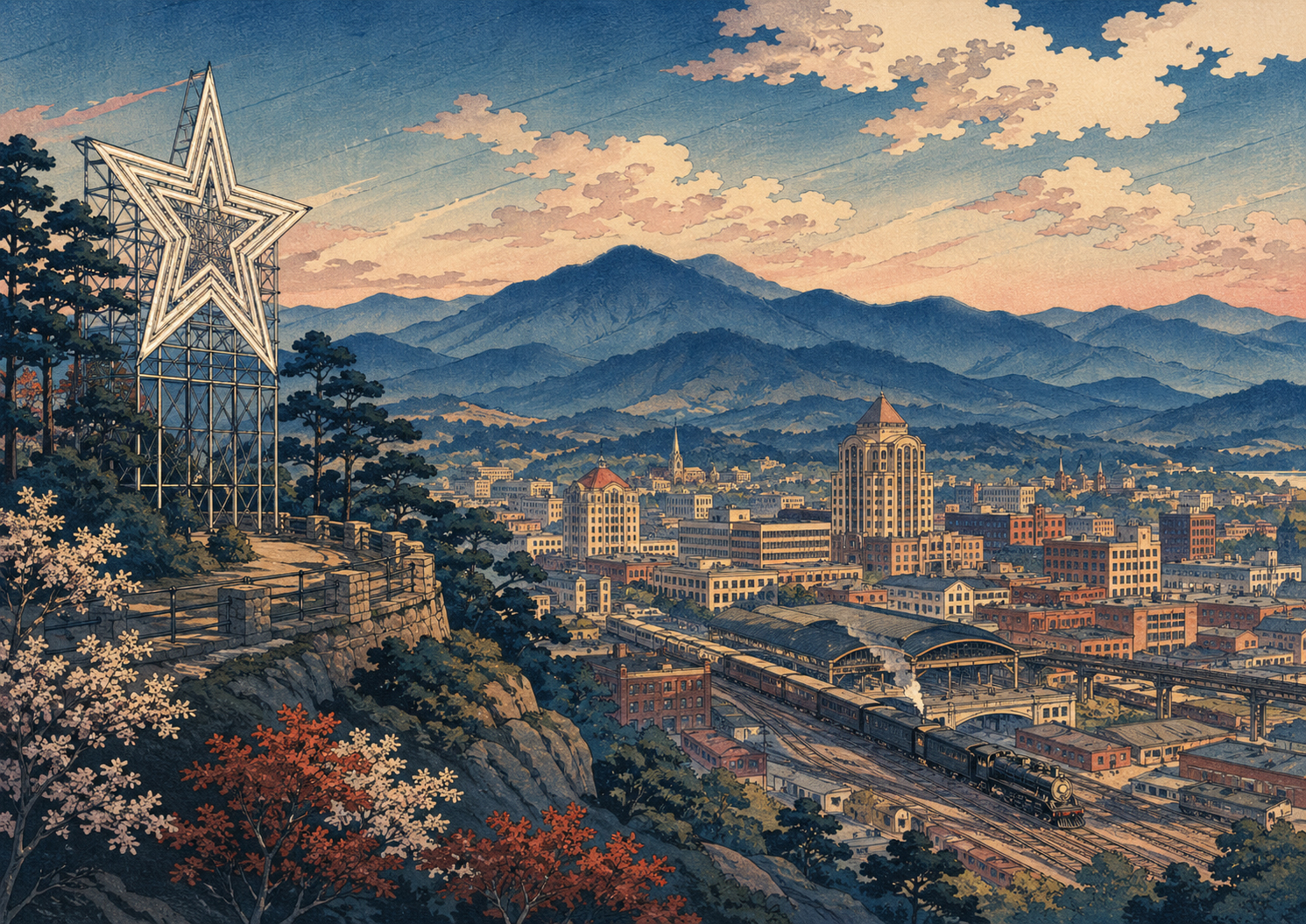 ロアノーク、ミル・マウンテン・スター、ブルーリッジ、ダウンタウン、鉄道を描いた日本木版画風の絵