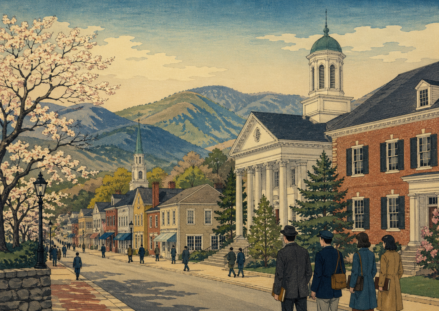 レキシントンのメインストリートと大学町の歴史的な空気を描いた日本木版画風の風景