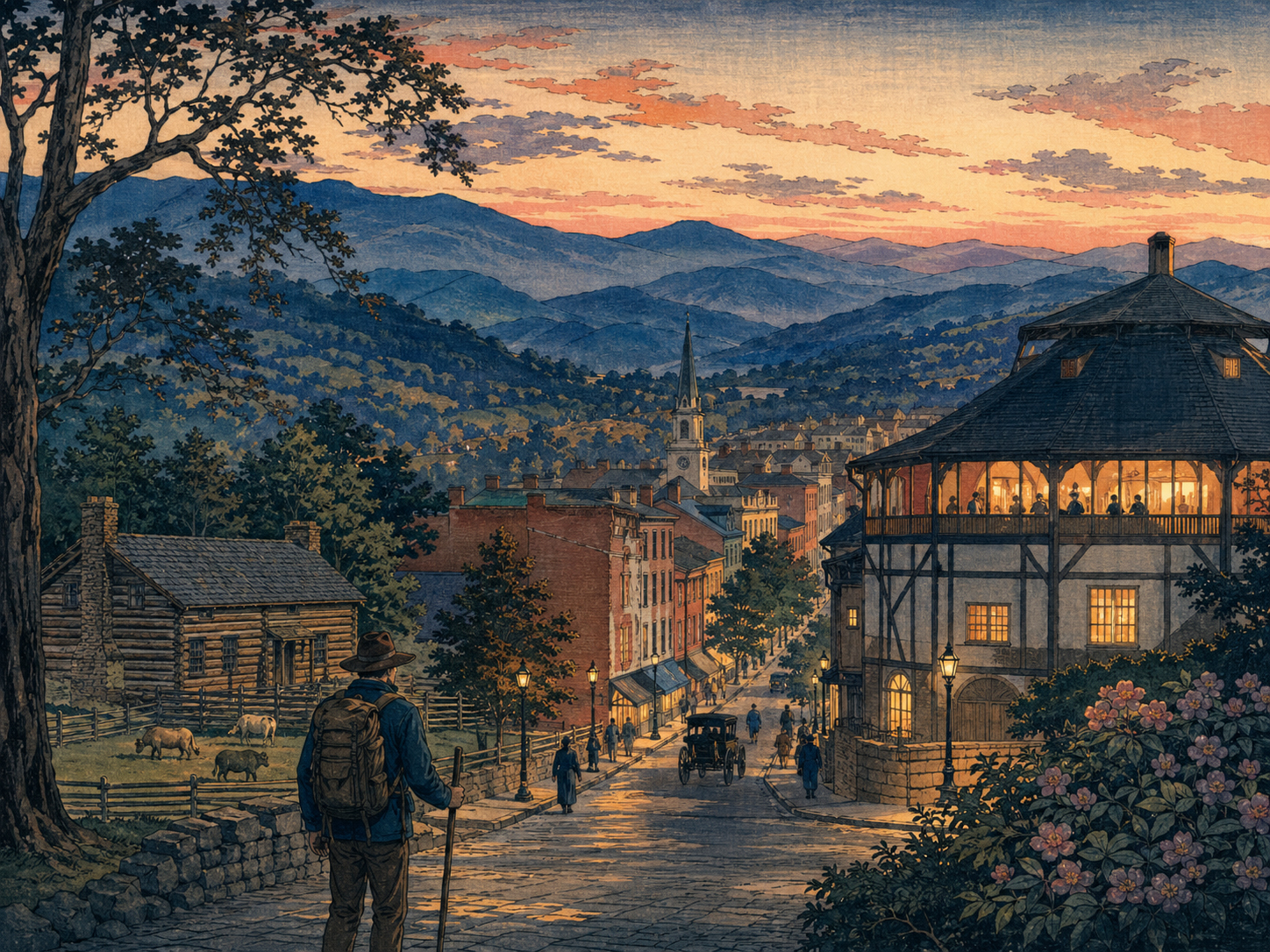 シェナンドーの山旅、スタントンの劇場、旧市街、文化的な到着地を描いた日本木版画風の絵