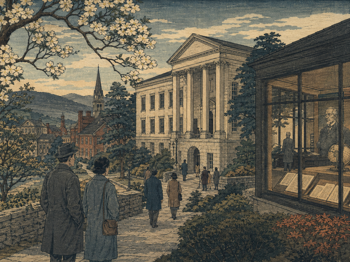 スタントン旧市街、ニュー・ストリート周辺、歩ける夕方の町並みを描いた日本木版画風の絵