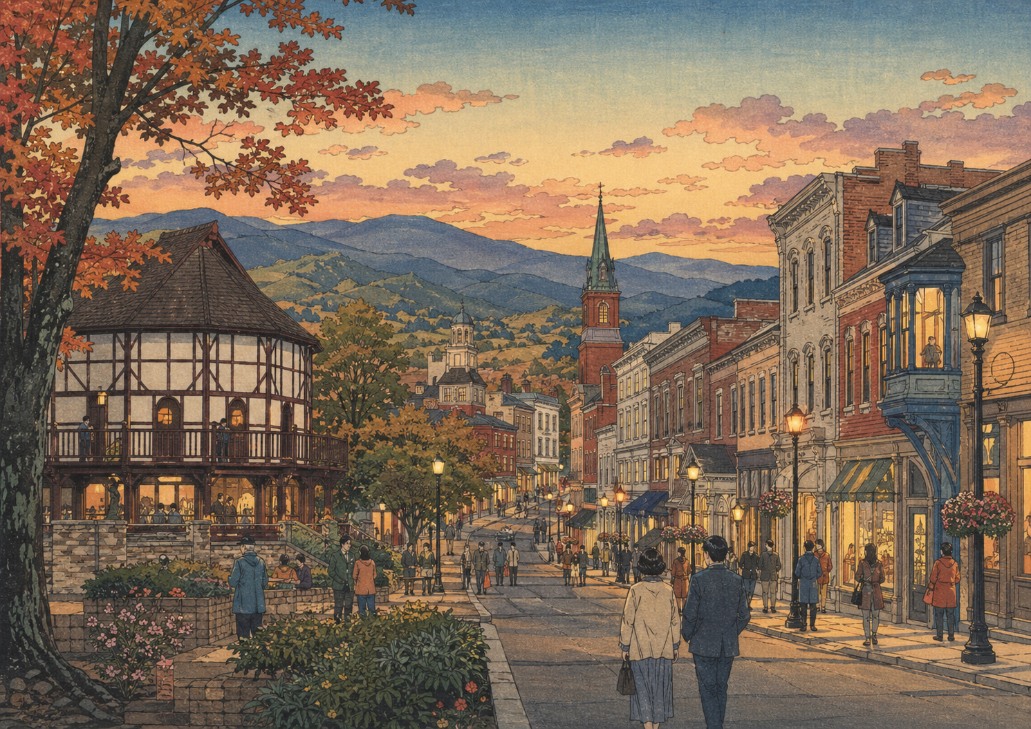 スタントン旧市街とブラックフライアーズ劇場の文化的な夕景を描いた日本木版画風の風景