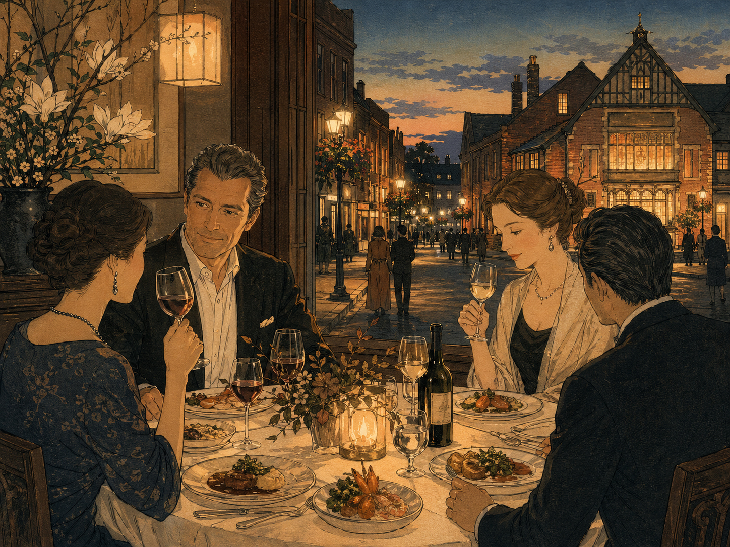 ジノドアのような劇場前の夕食、ブラックフライアーズ周辺の夜を描いた日本木版画風の絵